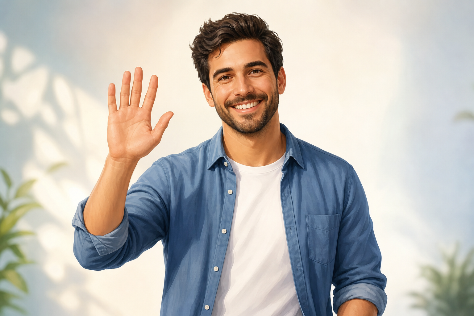 A friendly smiling man waving hello.